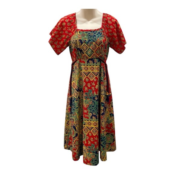 The House of Nu-Mode Vibrant Colourful Vintage Dress with ties beaded ends - Picture 3 of 16